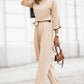 Apricot Bracelet Sleeve Waist Tie Wide Leg Jumpsuit