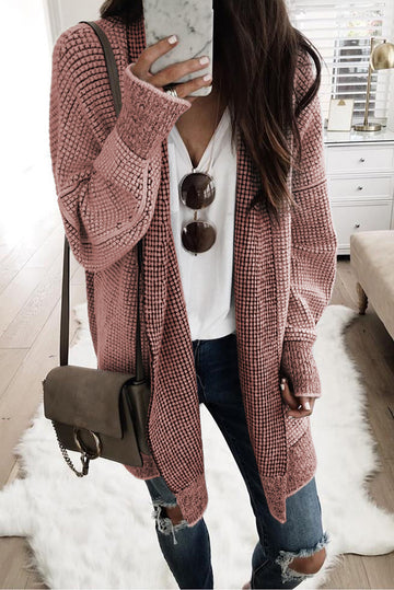 Rose Plaid Knitted Long Open Front Cardigan