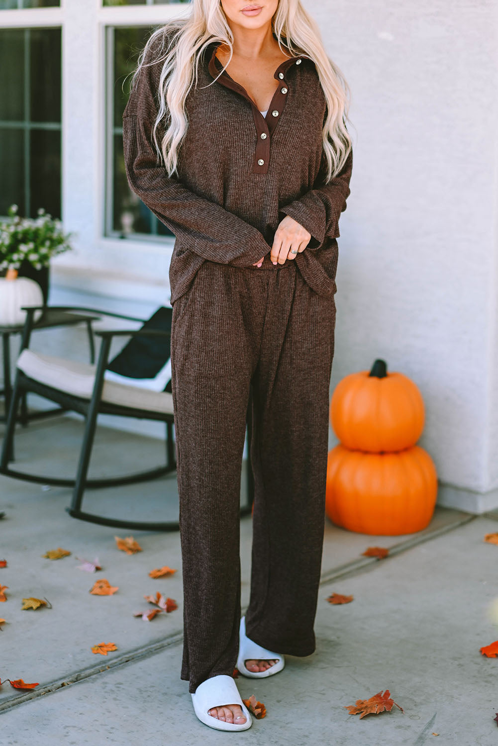 Green Ribbed Knit Collared Henley Top and Trousers Lounge Outfit