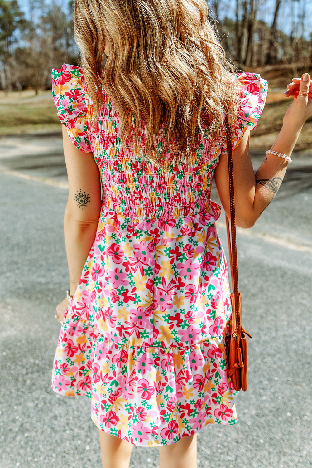 Multicolor Smocked Bodice Ruffle Trim Floral Dress