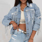 Sky Blue Sequin Embellished Fringe Distressed Denim Jacket