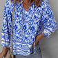 Blue Boho Printed 3/4 Sleeve Tied Neck Blouse