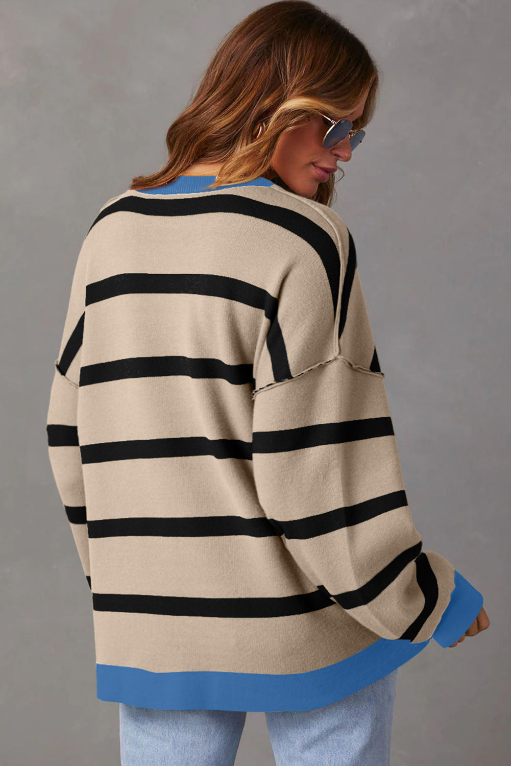 White Colourblock Drop Shoulder Buttoned Loose Cardigan