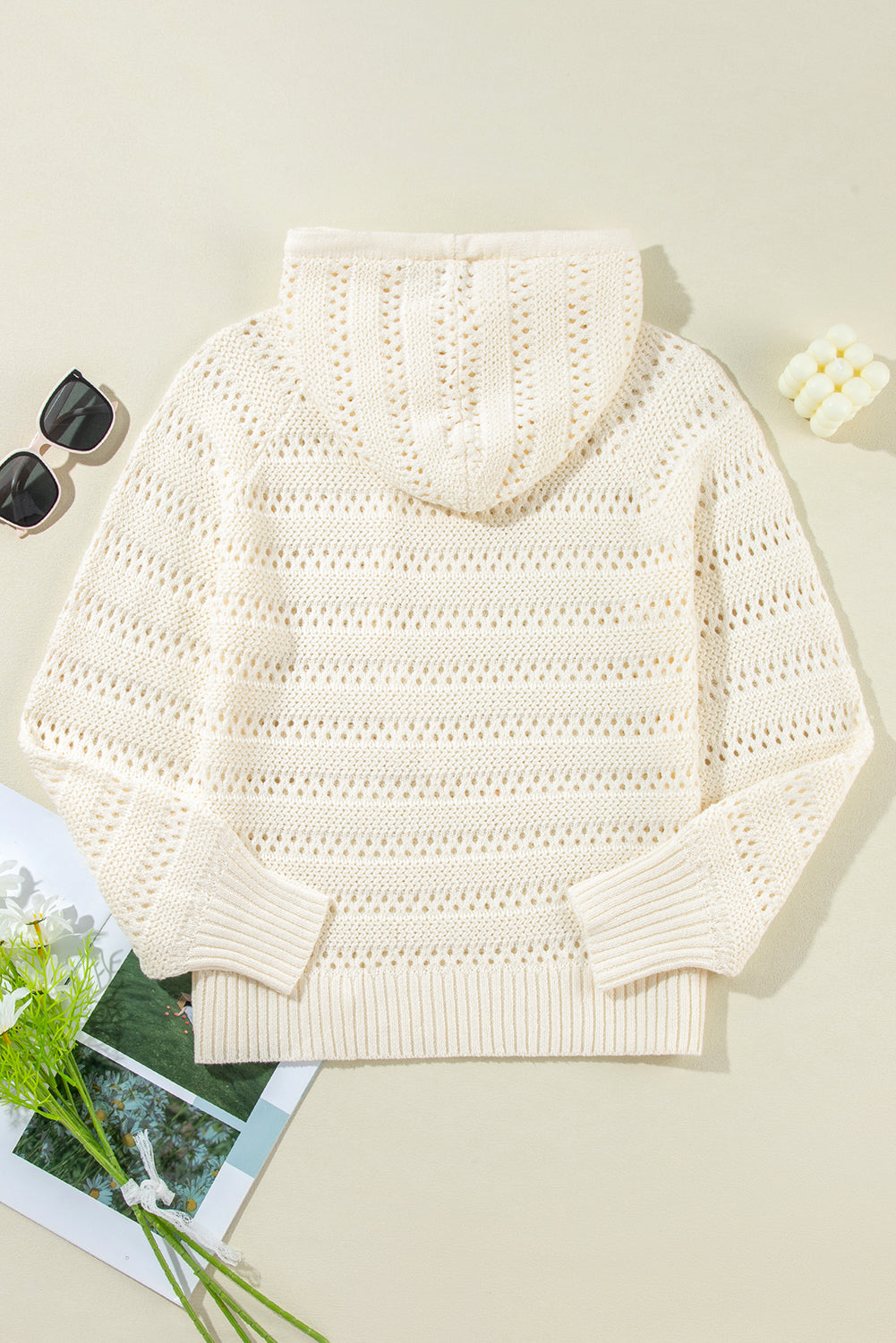 Peach Blossom Pointelle Knit Raglan Sleeve Hooded Sweater