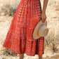 Fiery Red Bohemian Mix Print Long Flared Skirt