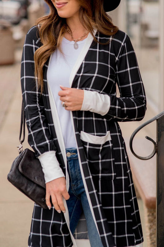 Black Plaid Colourblock Edge Open Cardigan with Pocket