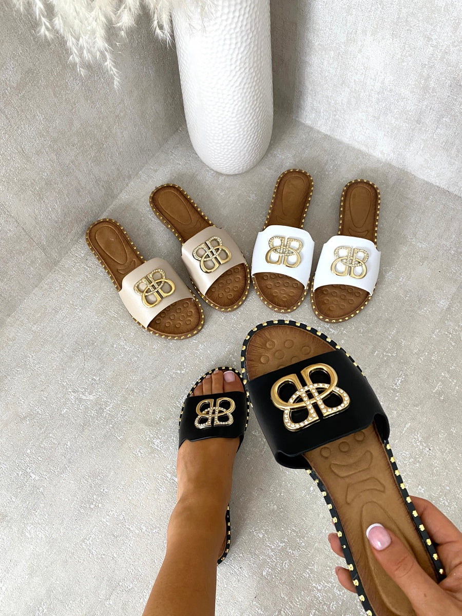 Sparkle Buckle Gold Studded Flat Sandals