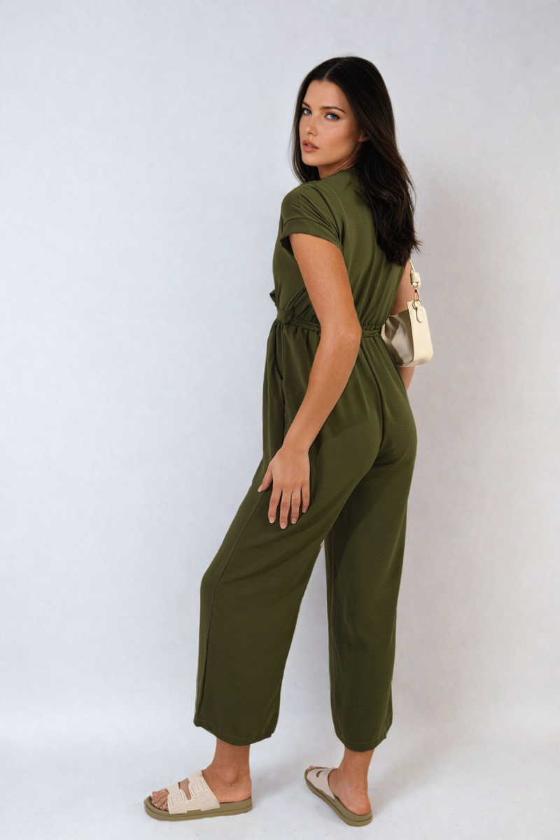 Belted V Neck Jumpsuit with Side Pockets - BB Fashion Outlet