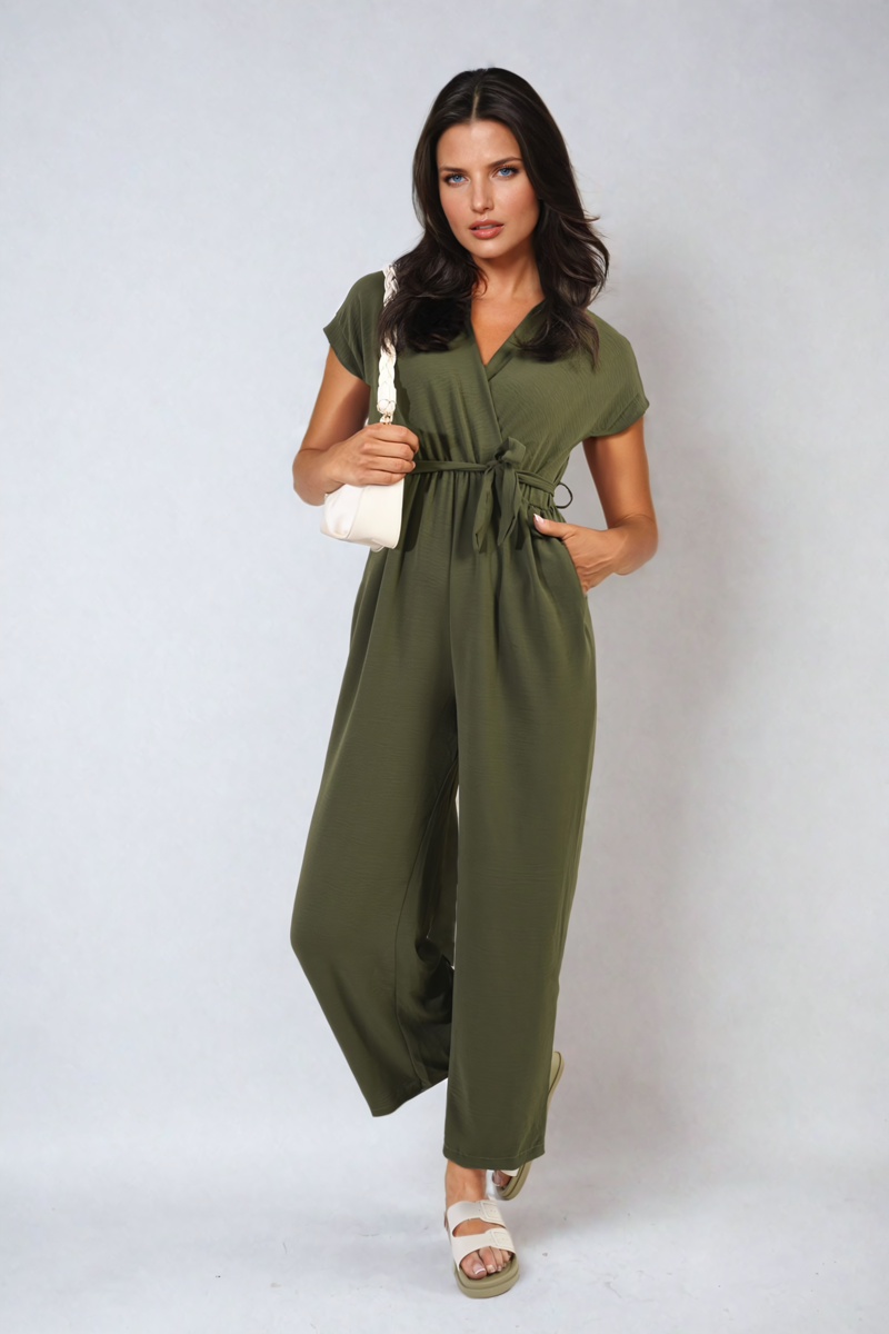 Belted V Neck Jumpsuit with Side Pockets - BB Fashion Outlet