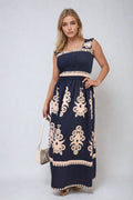 Smocked Sleeveless Flowy Tribal Print Summer Maxi Dress - BB Fashion Outlet