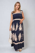 Smocked Sleeveless Flowy Tribal Print Summer Maxi Dress - BB Fashion Outlet