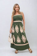 Smocked Sleeveless Flowy Tribal Print Summer Maxi Dress - BB Fashion Outlet