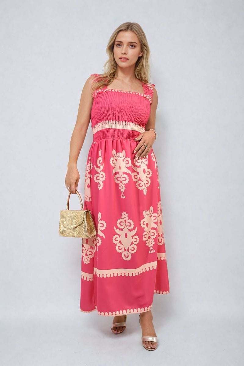 Smocked Sleeveless Flowy Tribal Print Summer Maxi Dress