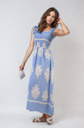 Smocked Sleeveless Flowy Tribal Print Summer Maxi Dress - BB Fashion Outlet