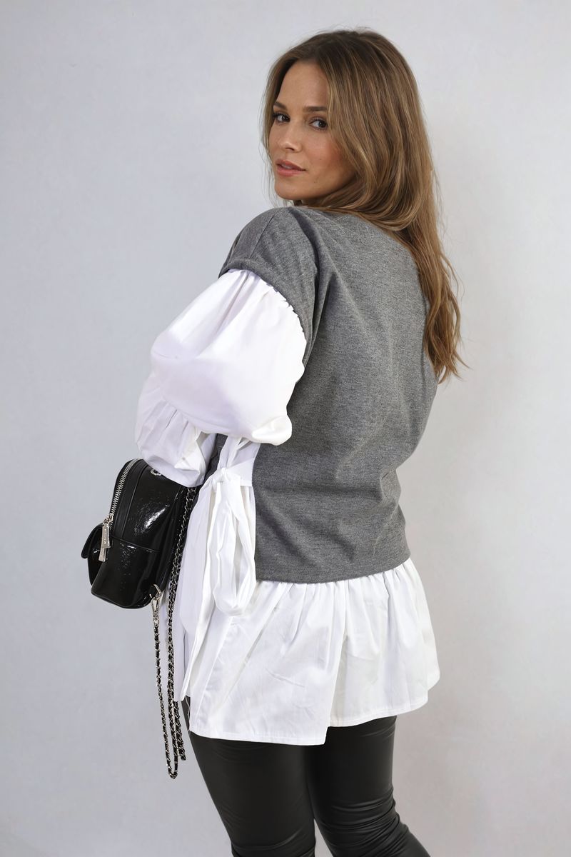 Side Tie Contrast Long Sleeve Knit Frill Top