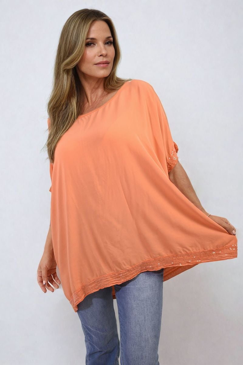 Oversized Sequin Hem Flare Sleeve Top - BB Fashion Outlet