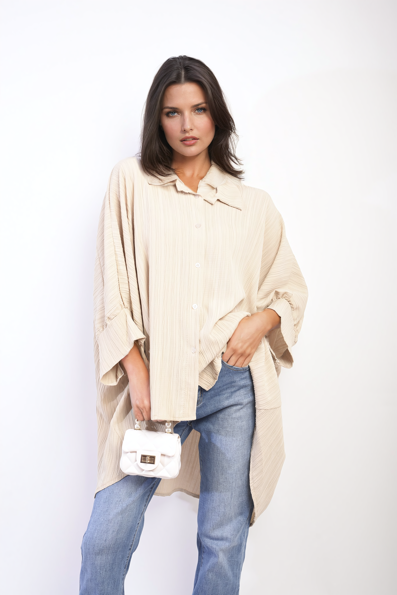 Oversized Long Sleeve Button Front Top - BB Fashion Outlet