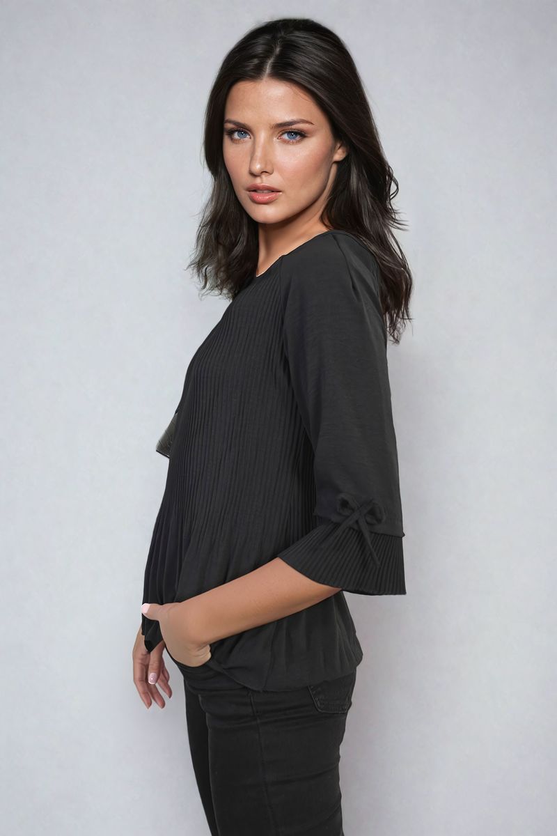 Plisse Pleated Short Bow Sleeve Top