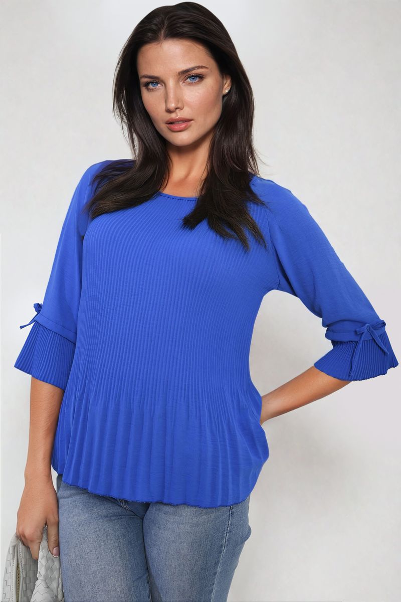 Plisse Pleated Short Bow Sleeve Top