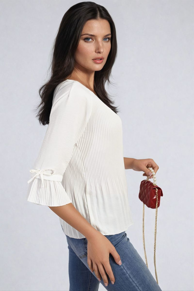 Plisse Pleated Short Bow Sleeve Top