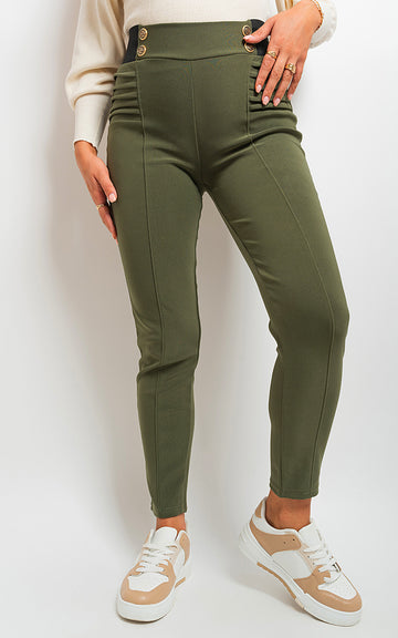 Elastic Waist Button Detail Leggings - BB Fashion Outlet