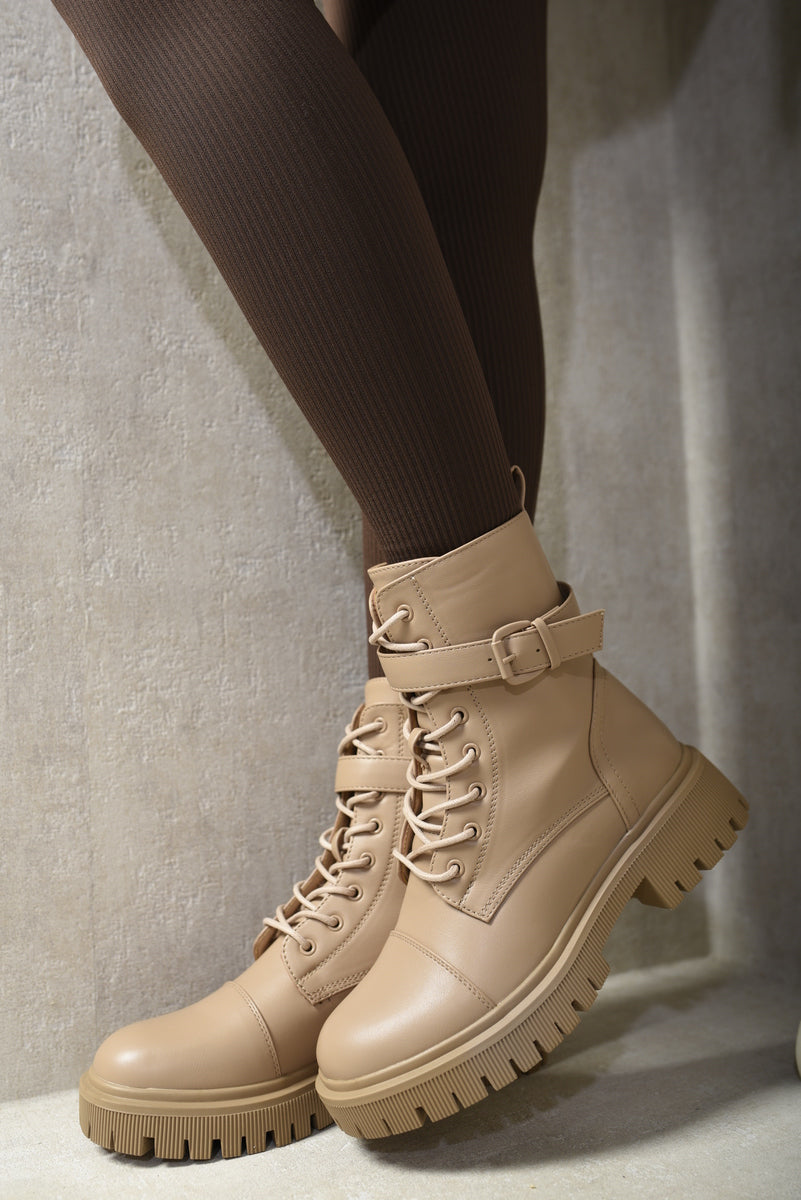 Lace Up Buckle Chunky Combat Boots