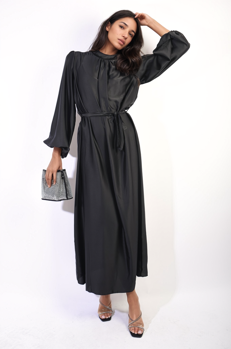 Long Sleeve High Neck Belted Maxi Dress