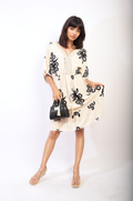 Printed V-Neck Short Sleeve Midi Dress with Tassel Detail - BB Fashion Outlet