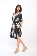 Printed V-Neck Short Sleeve Midi Dress with Tassel Detail - BB Fashion Outlet