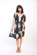 Printed V-Neck Short Sleeve Midi Dress with Tassel Detail - BB Fashion Outlet