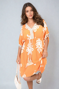 Printed V-Neck Short Sleeve Midi Dress with Tassel Detail - BB Fashion Outlet