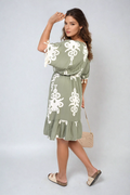 Printed V-Neck Short Sleeve Midi Dress with Tassel Detail - BB Fashion Outlet