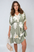 Printed V-Neck Short Sleeve Midi Dress with Tassel Detail - BB Fashion Outlet