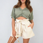 High Waist Tie Belt Paper Bag Shorts