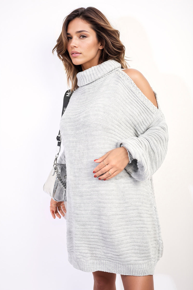 High Neck Oversized Open Shoulder Long Sleeve Knitted Jumper Dress