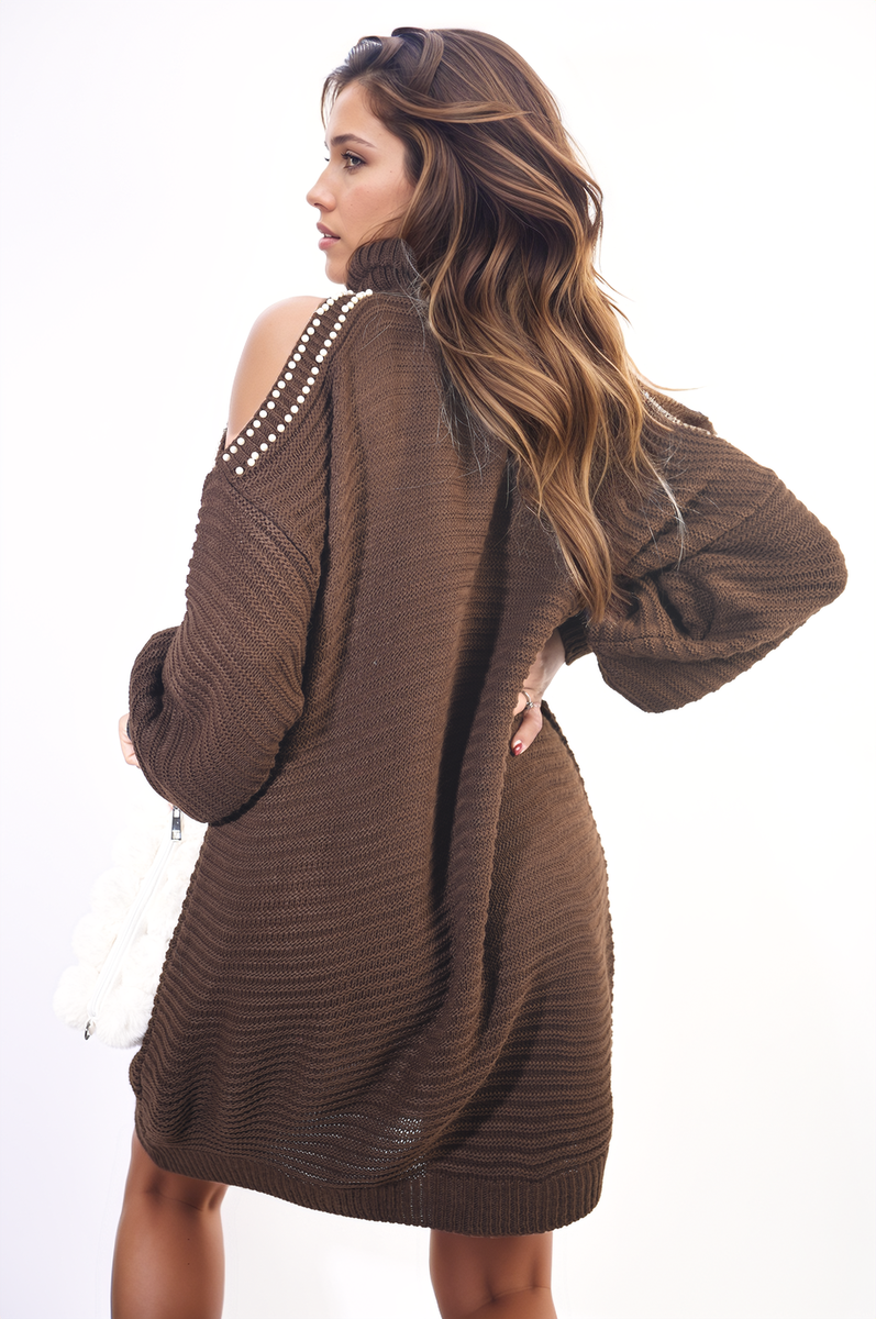 High Neck Oversized Open Shoulder Long Sleeve Knitted Jumper Dress