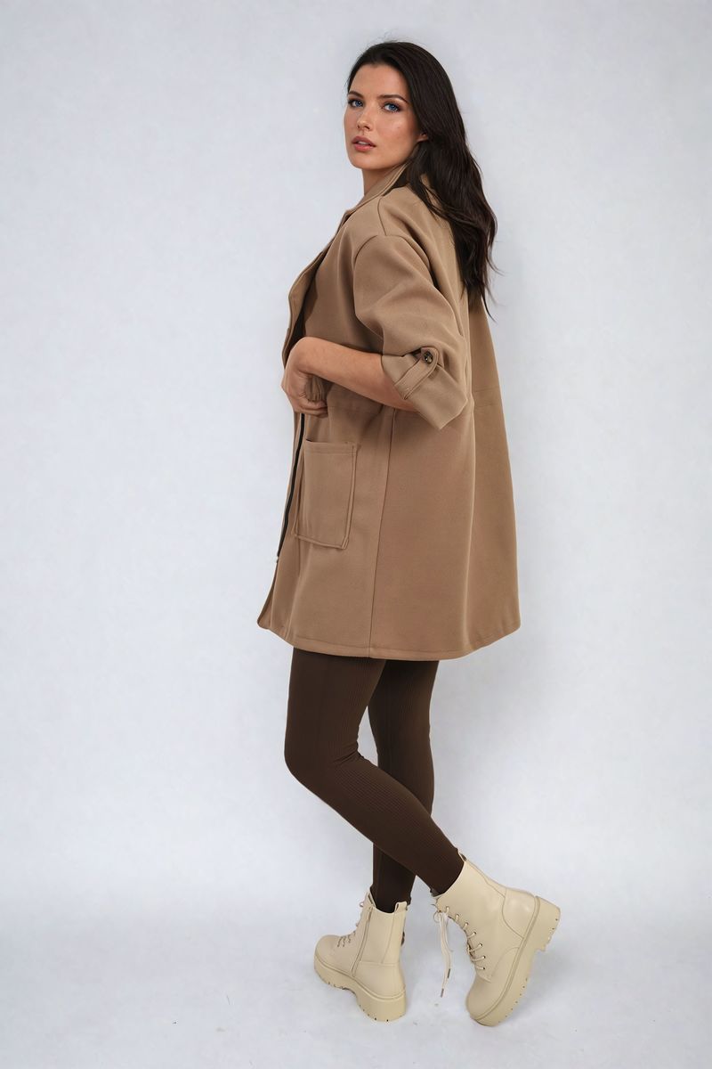 Roll Tab Sleeve Drawstring Waist Open Front Trench Coat Jacket