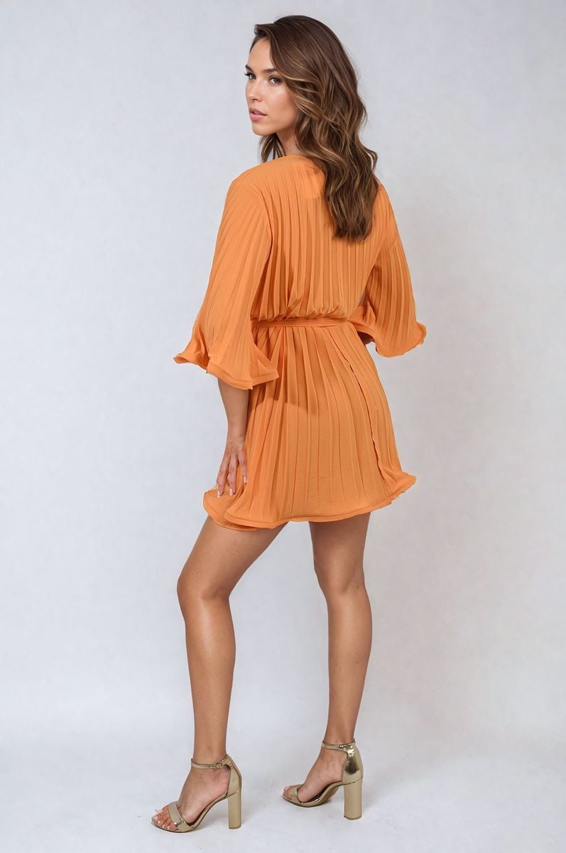 Pleated Tie Waist Mini Dress