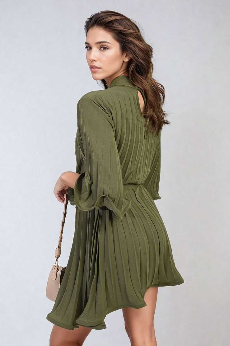 Pleated Tie Waist Mini Dress