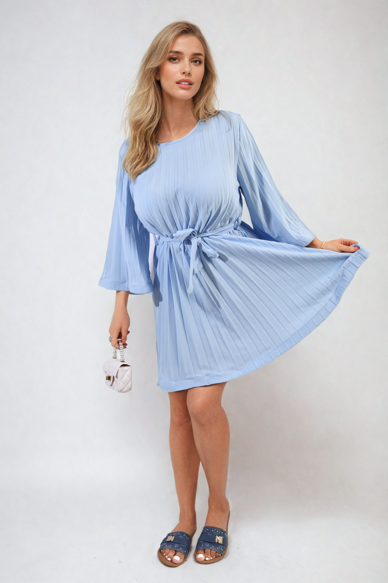 Pleated Tie Waist Mini Dress - BB Fashion Outlet