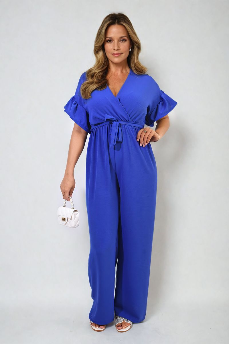 Wrap Over Tie Belt Frill Sleeve Jumpsuit - BB Fashion Outlet