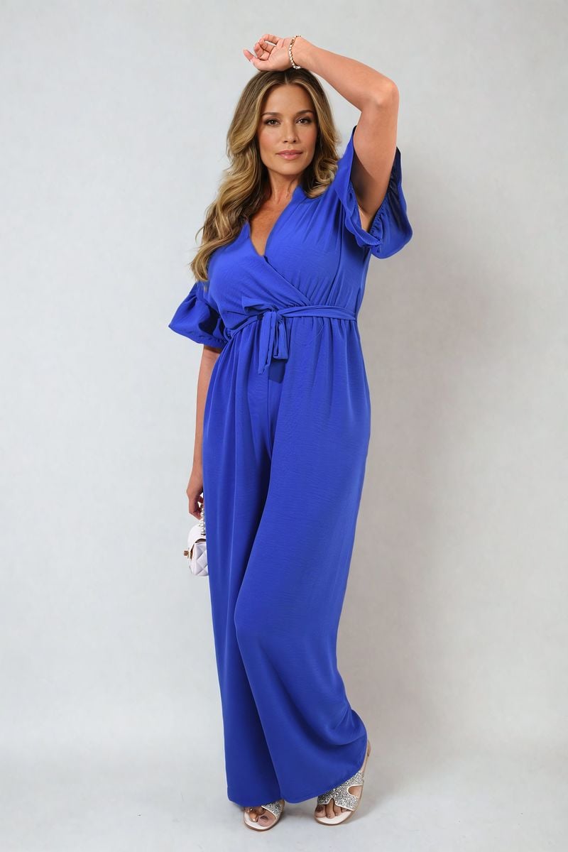 Wrap Over Tie Belt Frill Sleeve Jumpsuit - BB Fashion Outlet