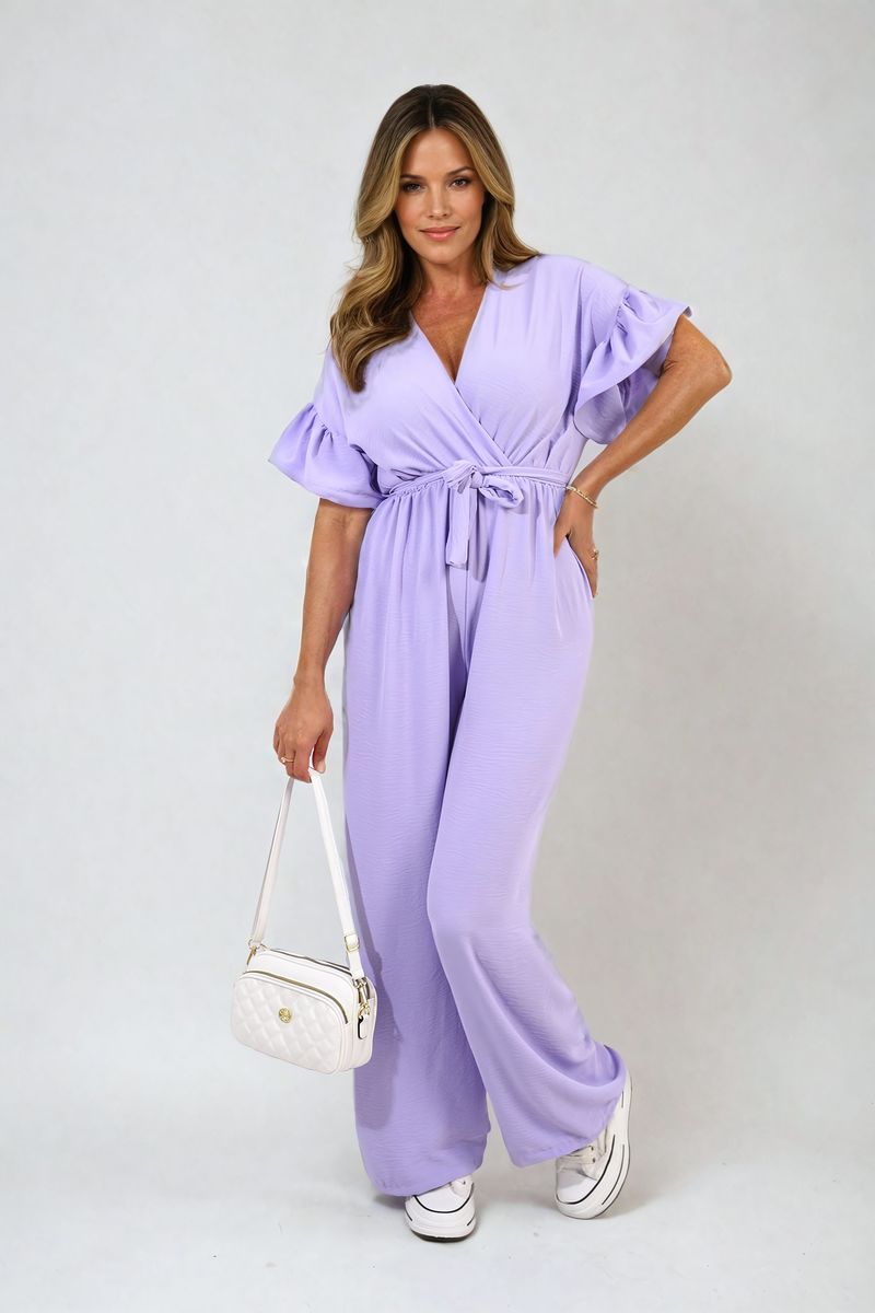 Wrap Over Tie Belt Frill Sleeve Jumpsuit - BB Fashion Outlet