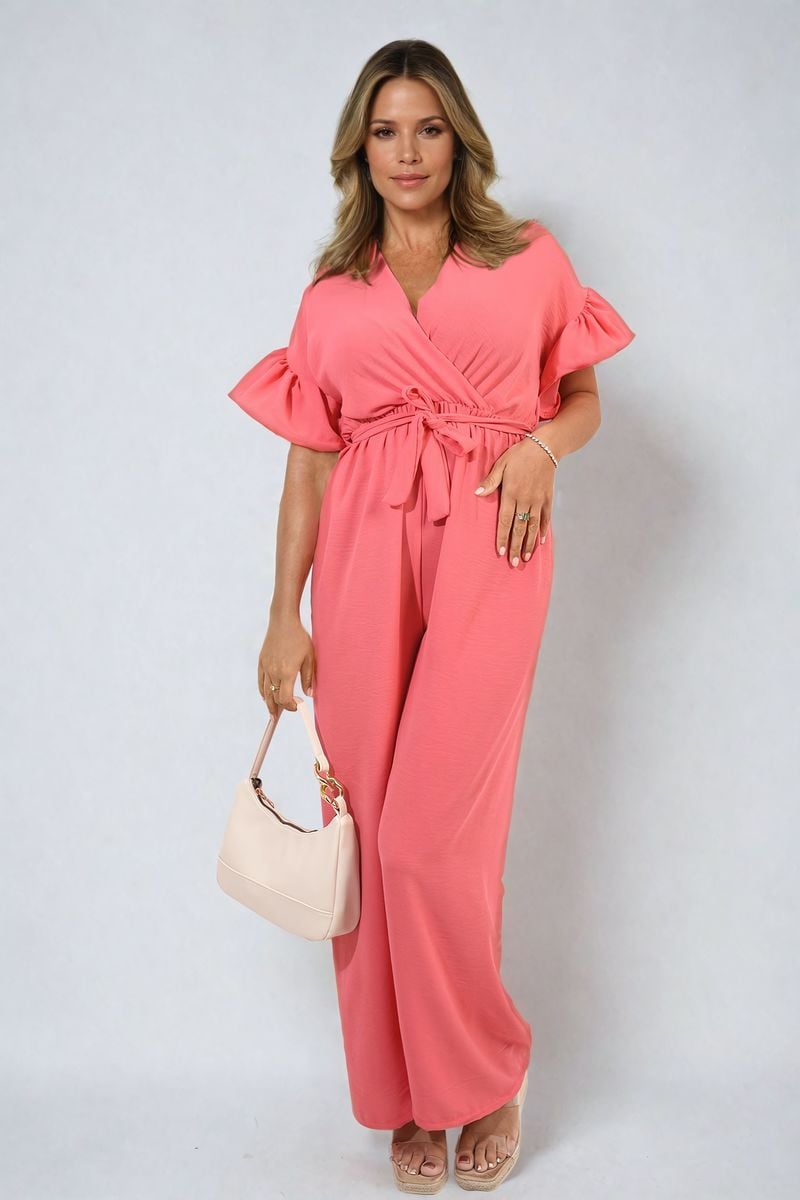 Wrap Over Tie Belt Frill Sleeve Jumpsuit - BB Fashion Outlet