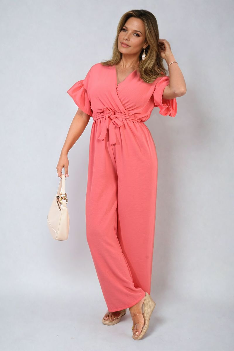 Wrap Over Tie Belt Frill Sleeve Jumpsuit - BB Fashion Outlet