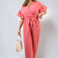 Wrap Over Tie Belt Frill Sleeve Jumpsuit - BB Fashion Outlet