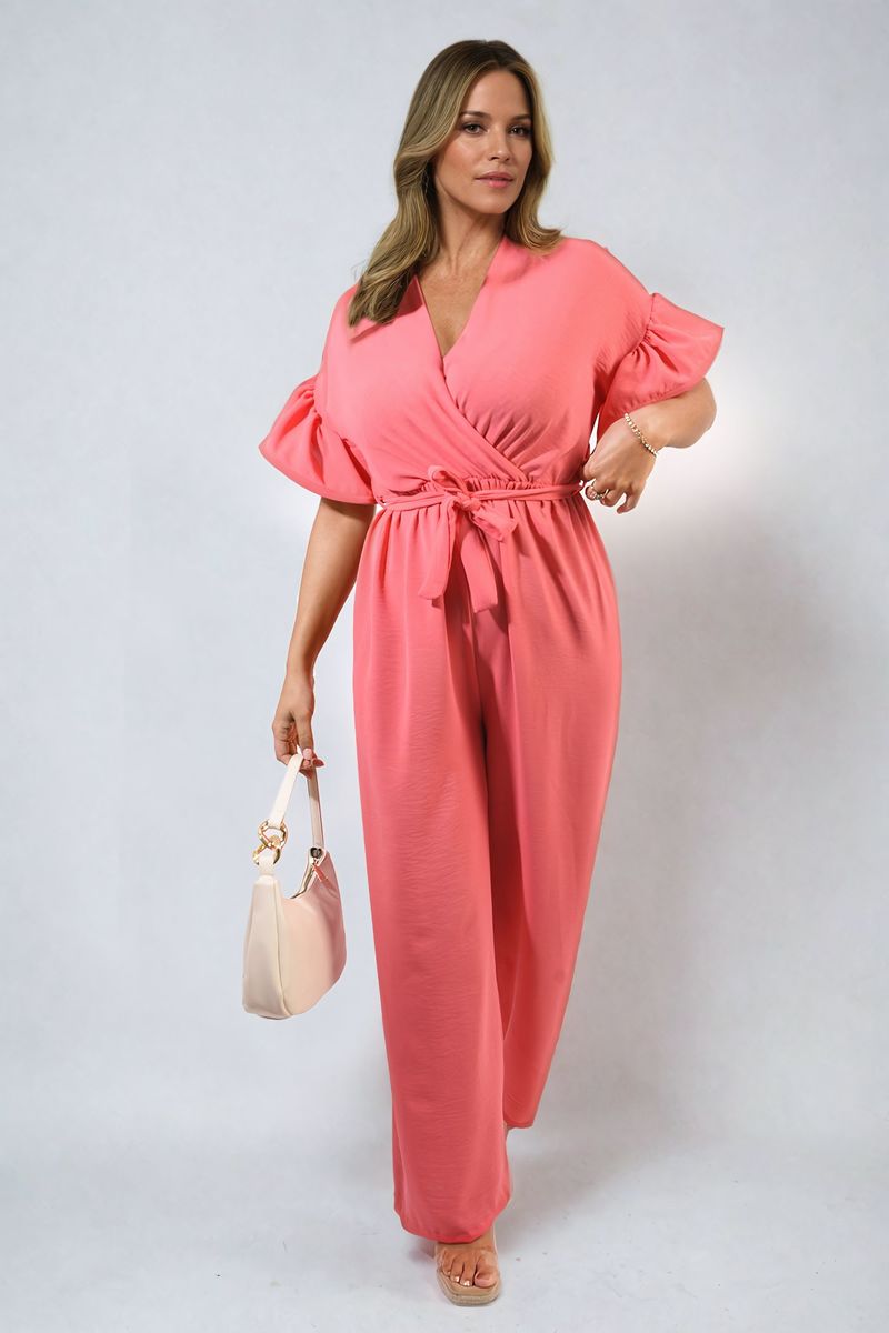 Wrap Over Tie Belt Frill Sleeve Jumpsuit - BB Fashion Outlet