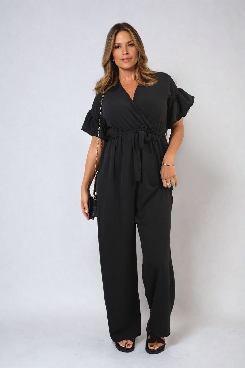 Wrap Over Tie Belt Frill Sleeve Jumpsuit - BB Fashion Outlet