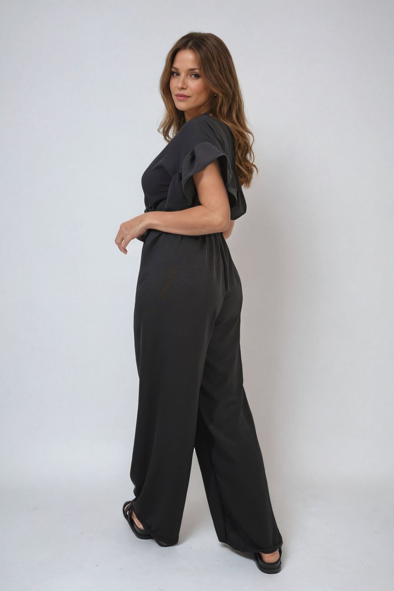 Wrap Over Tie Belt Frill Sleeve Jumpsuit - BB Fashion Outlet