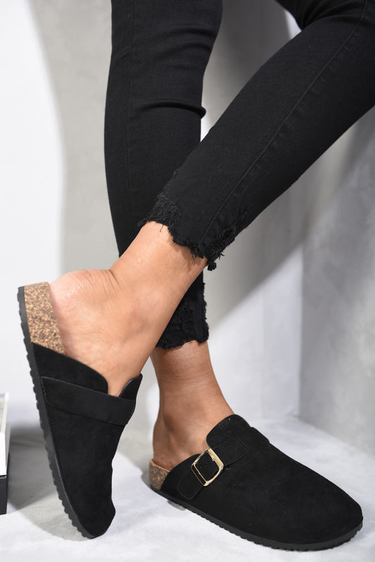 Suede with Buckle Details Slip On Sandals